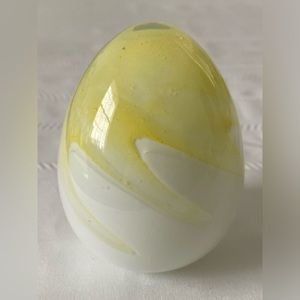 Vintage Glass Egg White with Yellow Spiral Design Handblown Easter Decor 4”